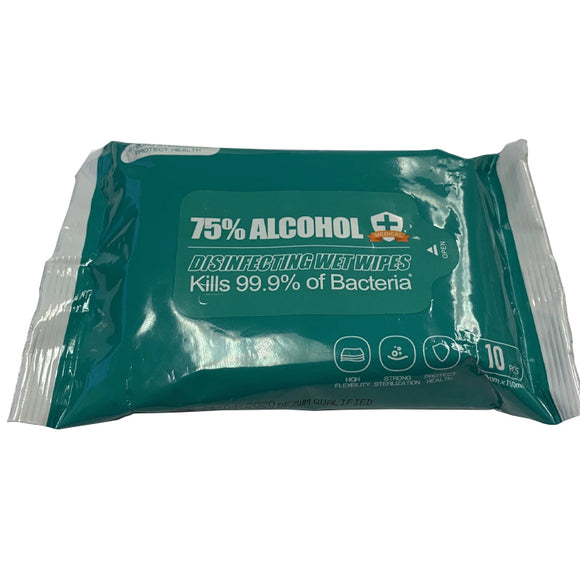 75% Alcohol Antibacterial Wet Wipes In Resealable Pouch - 10 Count